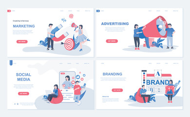 Marketing and advertising web concept for landing page in flat design. Social media promotion, branding and business identity, e-commerce. Vector illustration with people characters for homepage