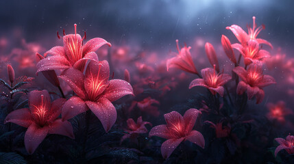 Magic pink lilies in rain