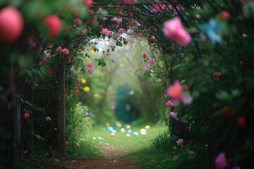A magical garden path lined with blooming roses and scattered Easter eggs leads into a mysterious green tunnel. Generative AI