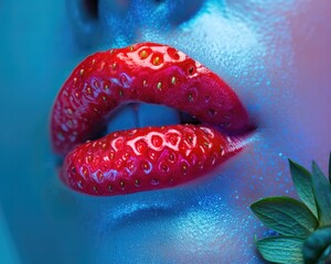 Female strawberry lips abstract fashion glamor sexy, minimal cutout. Realistic glossy sensual woman red lips fashionable advertising concept