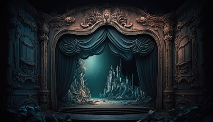 Theater scene curtain and lamp background - obrazy, fototapety, plakaty