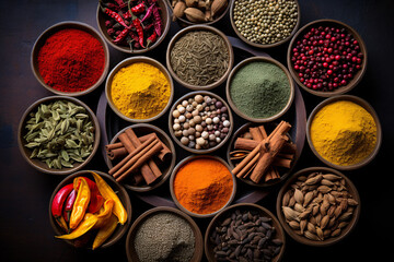 A bird's-eye view of a fragrant spice emporium exhibiting a variety of brilliant spices. - obrazy, fototapety, plakaty