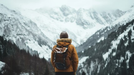 A person stands with her back and admires the view of snowy mountains. A traveler traveling on vacation in the most beautiful place in the world. Winter vacation