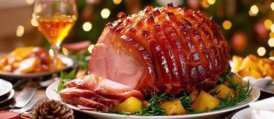 Easter ham is made with brown sugar, honey, mustard, and sometimes cloves or pineapple. - obrazy, fototapety, plakaty