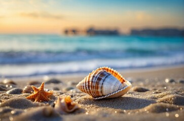 Obraz premium small sea shells on the beach with bokeh background.
