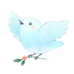 Cute bird watercolor illustration. Cartoon white dove flying with flowering branch. Children character design, isolated on a white background. Design for card, print on t-shirt, bag, notebook.
