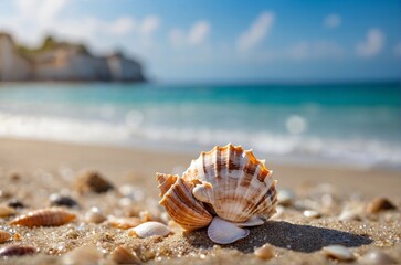 Obraz na płótnie Canvas small sea shells on the beach with bokeh background.