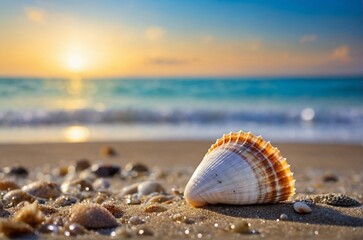 small sea shells on the beach with bokeh background.