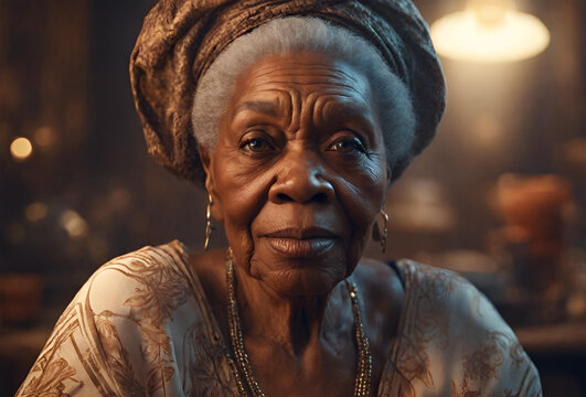 Senhora idosa afrodescendente com olhar sereno.