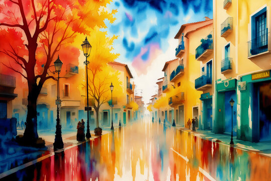 A watercolor town. Italy, Spain, France. Watercolor Painting of a Serene Mediterranean Town. Generative AI