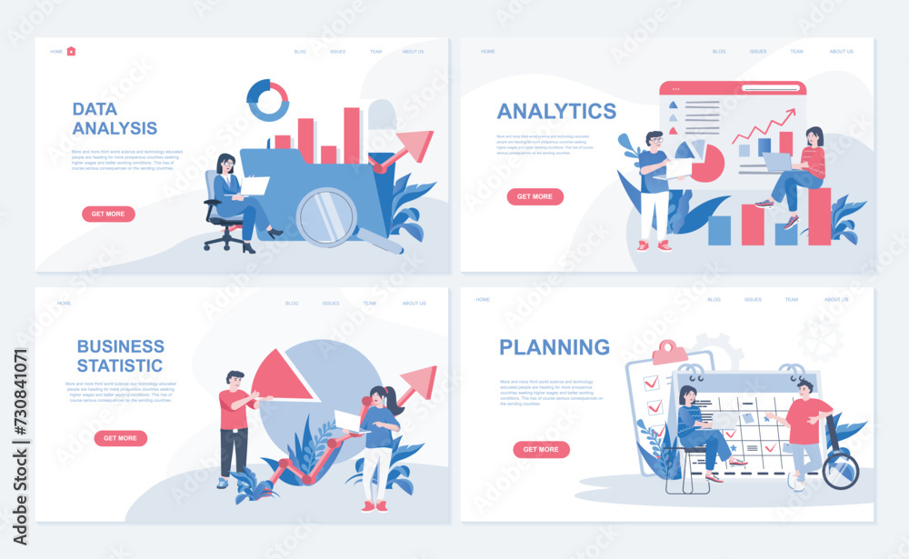 Leinwandbilder Data analysis web concept for landing page in flat design. Business statistics report and analytics chart research, planning finance strategy. Vector illustration with people characters for homepage