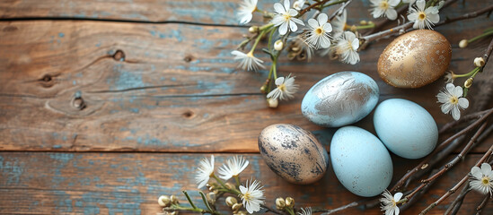 Easter eggs on a natural wooden background, feathers, birds and flowers, silver and gold.