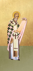 Traditional orthodox icon of Saint Spyridon (english name). Christian antique illustration on golden background in Byzantine style