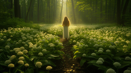 Young woman standing in a glade full of wild garlic in bloom - obrazy, fototapety, plakaty