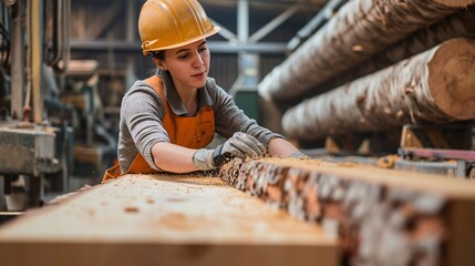 A Caucasian craftswoman operating a timber cutting machine at a wood factory.