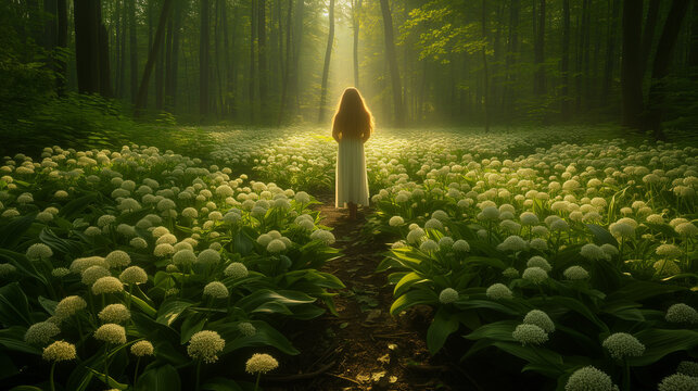 Young woman standing in a glade full of wild garlic in bloom