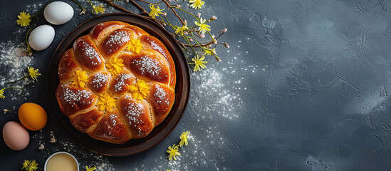 Easter Bread (Tsoureki) A sweet bread originating from Greece, Tsoureki is flavored with orange zest and is often garnished with colored Easter eggs. - obrazy, fototapety, plakaty