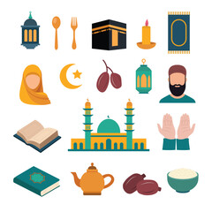 Set of detailed Islamic icons suitable for web design, educational materials, religious organizations, and cultural events. Mosque, crescent, calligraphy, and more. Ramadan elements illustration set.