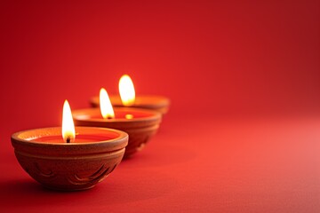 Indian celebration of Diwali featuring classic oil lamps on a vibrant red backdrop.