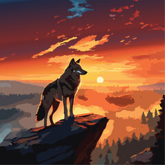 A lone wolf, silhouetted against the backdrop of a fiery sunset