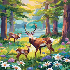 A tranquil forest glade bathed in golden sunlight, where a family of deer graze peacefully amidst a carpet of wildflowers