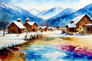 A watercolor village. Tranquil Serenity. Watercolor Painting of a Rustic Village. Generative AI