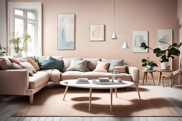 Fototapeta na wymiar Transport yourself to a Scandinavian-inspired living room featuring a plush sofa and a sleek coffee table, surrounded by gentle pastel hues and an empty wall for your artistic imagination.