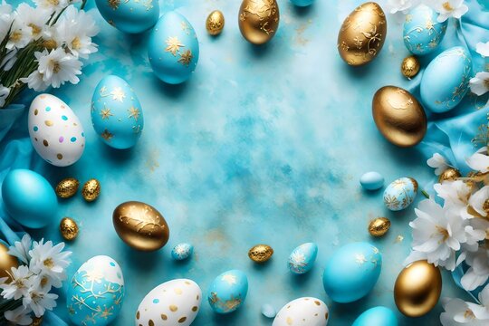 A top-down view of Easter magic, featuring azure decorations and golden eggs on a dreamy pastel canvas, inviting you to share your festive wishes.