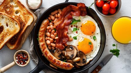 A classic breakfast of eggs, sausages, bacon, mushrooms, beans, toast, and orange juice on a white stone surface. - obrazy, fototapety, plakaty