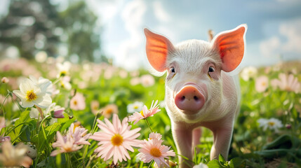 a little pig in a field of daisies - obrazy, fototapety, plakaty