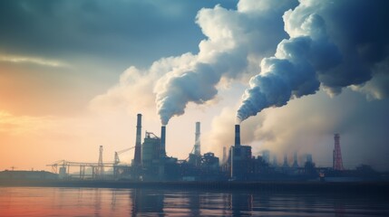 Enterprises, factories with thick smoke against the sky at sunset. Pollution of the environment by waste, exhaust gases from chimneys. Climate change and global warming concepts.