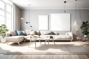 Embrace the essence of Scandinavian living in this 3D-rendered room, highlighting a minimalist sofa, an empty wall mockup, and a white blank frame for personalization.