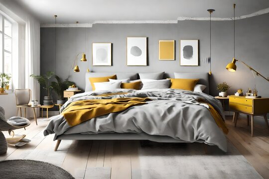 Scandinavian-inspired bedroom with soft gray tones and hints of mustard yellow, exuding a cozy and contemporary vibe.