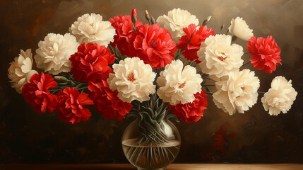 White and dark pink carnations in a glass vase