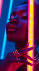a close-up portrait of a neon-lit beautiful woman with colourful make up