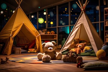 Tranquil kindergarten setting during the night, highlighting a variety of toys, a teddy bear...
