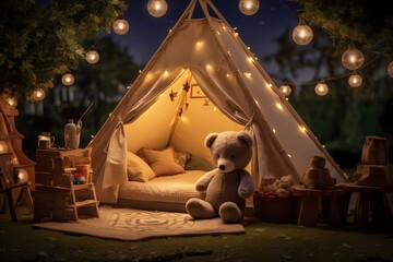 Tranquil kindergarten setting during the night, highlighting a variety of toys, a teddy bear...
