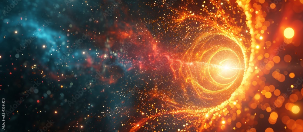 Poster computer-generated 3d abstract background with glowing neutron star and burst particles.