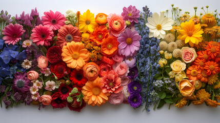 Arrangement of flowers in rainbow shades