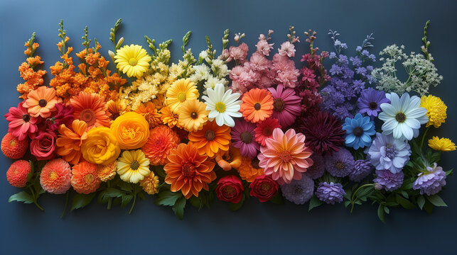 Arrangement of flowers in rainbow shades
