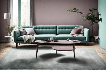Subdued elegance with a mauve sofa and a sleek coffee table against an empty seafoam green wall in a Scandinavian-inspired setting.
