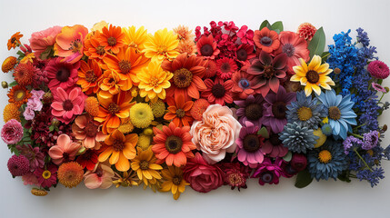 Arrangement of flowers in rainbow shades