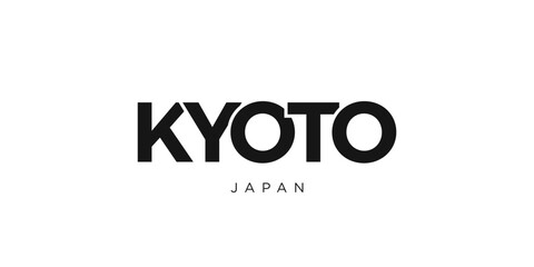Kyoto in the Japan emblem. The design features a geometric style, vector illustration with bold typography in a modern font. The graphic slogan lettering.