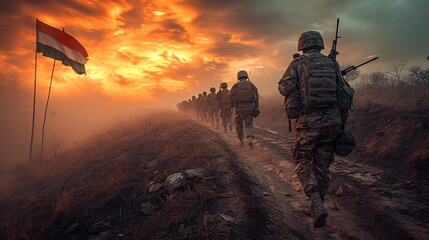 Soldiers on Patrol: A Dramatic Sunset Generative AI - obrazy, fototapety, plakaty