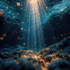 Vista submarina acantilado, fondo del mar, colores azulados y dorados, entrada de luz solar, brillo partículas arenosas, sumergidos, buceo, viajes con encanto, introspección, interior, reflexión, ecos - obrazy, fototapety, plakaty