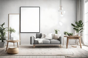 Explore the tranquility of a modern living space, accented by Scandinavian influences, an empty wall mockup, and a white blank frame, offering a canvas for personal expression.