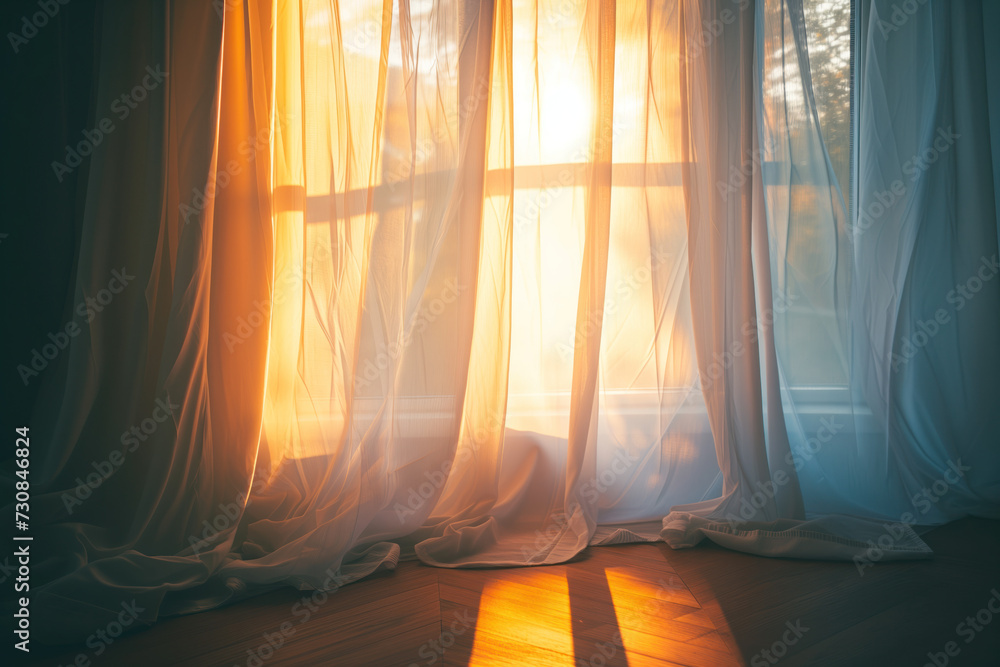 Poster sun shining through white curtains. background image. created with generative ai technology