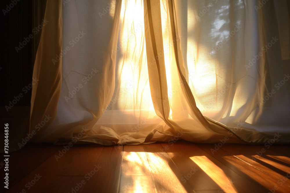 Poster sun shining through white curtains. background image. created with generative ai technology