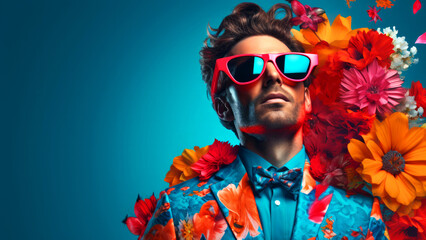 Modern pop art portrait of handsome man male in red sunglasses wearing colorful jacket on minimal...
