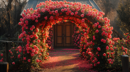 Fucsya roses arch in front of a tiny house - obrazy, fototapety, plakaty